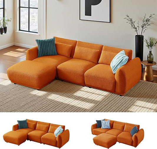 Sectional Sofa Couch, Modern Convertible U Shaped Sectional Couch with Ottoman, Modular Sectional Sofa Cloud Couches for Living Room (Orange, 3 Set + 1 Ottoman)