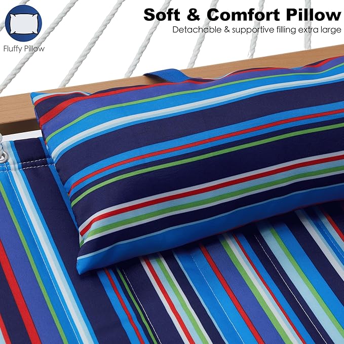 2 Person 12FT Hammocks for Outside, Double Quilted Fabric Outdoor Hammock with Spreader Bar, Large Removable Pillow, Storage Pockets, Carabiners, Max 475 lbs Capacity (Abyss Black)