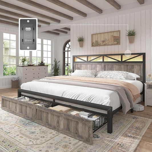 EnHomee King Size Bed Frame with Headboard and Storage, 2 Drawers & LED Light Farmhouse King Bed Frame Built in Charging Station,NO Noise,No Box Spring Needed,Grey