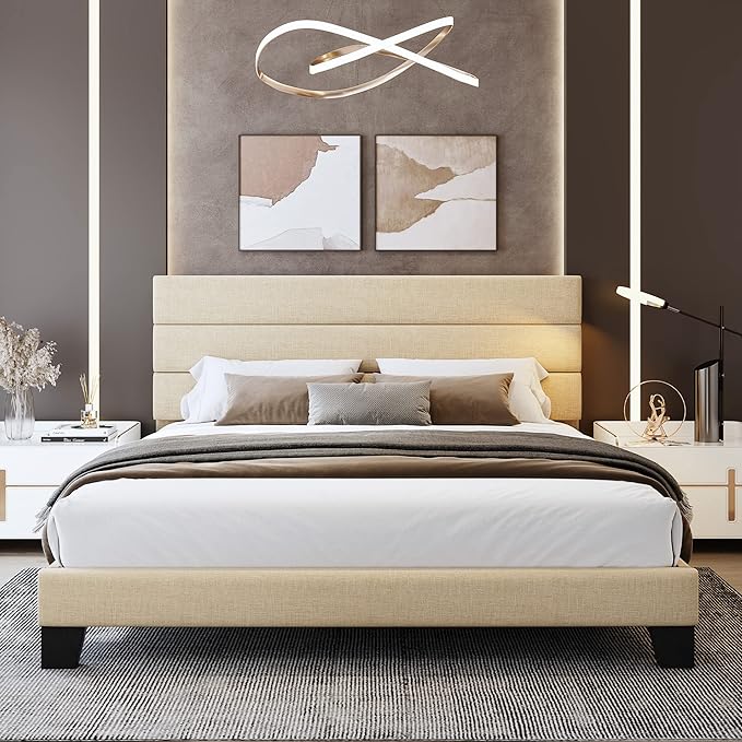 WEEWAY King Bed Frame Platform Bed with Linen Fabric Upholstered Headboard and Wooden Slats Support, Heavy Duty Mattress Foundation, No Box Spring Needed, Easy Assembly, Beige
