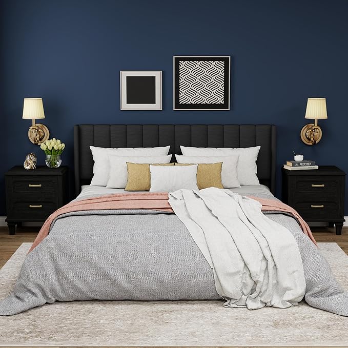 Upholstered Platform King Size Bed Frame with Headboard Wooden Slats Support No Noise Easy Assembly Black Linen