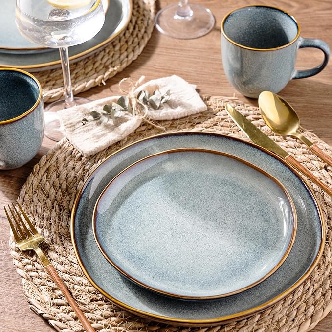 AmorArc Ceramic Dinnerware Sets,Handmade Reactive Glaze Stoneware Plates and Bowls Sets with Mugs,Highly Scratch Resistant | Dishwasher & Microwave Safe Dishes Set,Service for 4(16 Pcs)