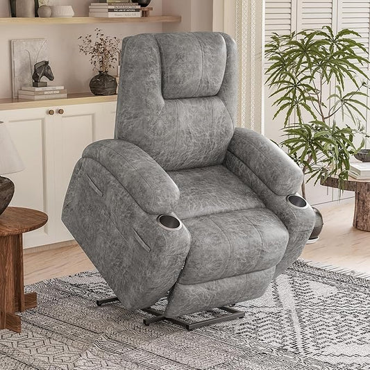 Power Lift Recliner Chair with Massage Electric Lift Chair for Elderly, Ergonomic Recliner with Cup Holders & Side Pockets, Modern Single Sofa for Living Room (Leathaire, Light Gray)
