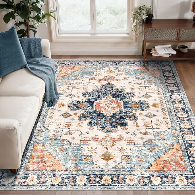 Tangsoo 3x5 Rug for Bedroom, Washable Vintage Rugs Indoor, Non Slip Accent Rug, Print Distressed Blue/Beige Carpet, Soft Low Pile for Living Room Dorm Bedroom Bedside Entryway Bathroom