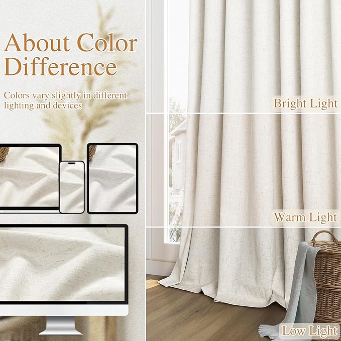 Cream Linen Blackout Curtains 63 Inch Length 2 Panels Set for Living Room Bedroom Back Tab Thermal Insulated 100% Black Out Linen Drapes Room Darkening Window Curtains 63 Inches Long Ivory Natural