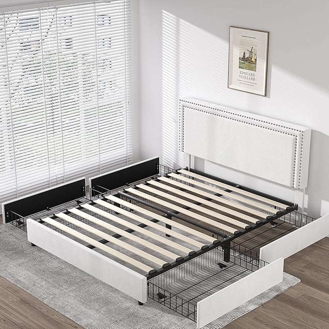 VECELO Full Size Upholstered Platform Bed Frame with 4 Storage Drawers, Adjustable Velvet Rivets Headboard, Wooden Slats Support, No Box Spring Needed, Easy Assembly
