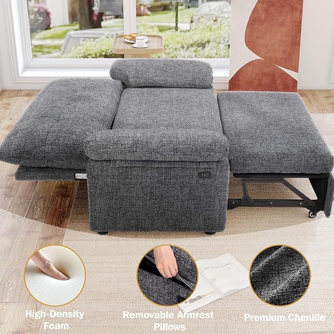 Vipbear 3-in-1 Chenile Convertible Sofa Bed, Pull Out Sleeper Sofa with USB Charging Station/Reclining Backrest/Side Pocket, Loveseat for Living Room, Apartment, Tool-Free Assembly, Dark Grey