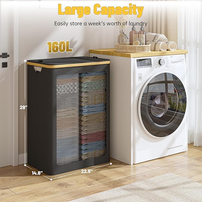 160L Double Laundry Hamper with Lid 2 Section, Large Bamboo Laundry Basket with 2 Removable Bags, Clothes Hampers for Laundry for Bedroom, Bathroom, Dorm, Laundry Room, Black