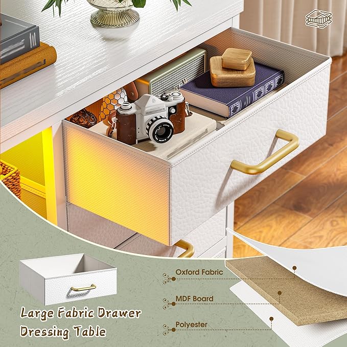 White TV Stand with 12 Fabric Drawers for 55 inch TV, Entertainment Center with Charging Station & LED Lights, TV Media Console Table with 2 Open Storage Shelves for Living Room, Dorms, Wood Top