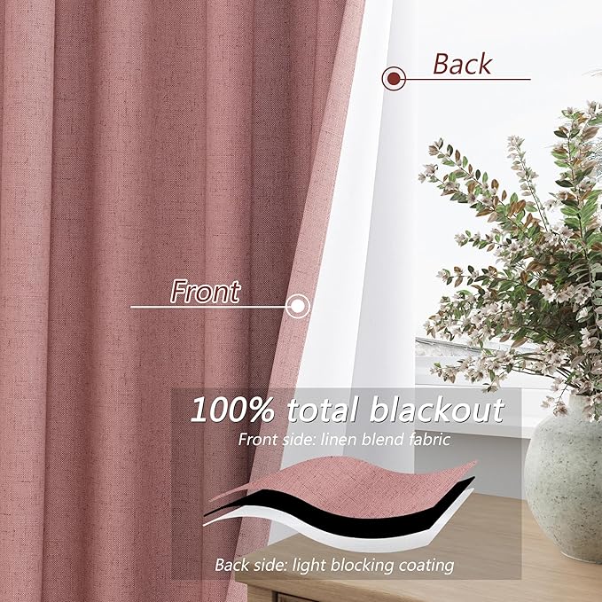 Guken Linen Blackout Curtains 90 Inch Length 2 Panels Set for Living Room Bedroom Back Tab Thermal Insulated 100% Black Out Linen Drapes Room Darkening Window Curtains 90 Inches Long, Pink