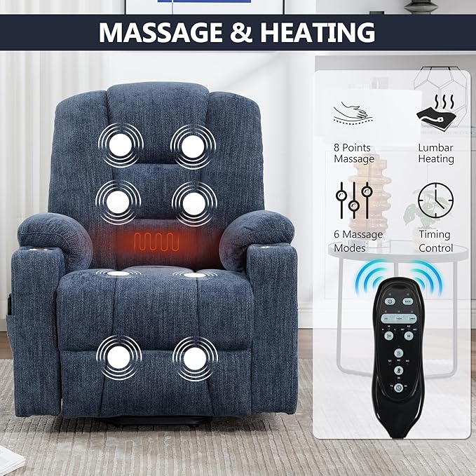 Power Lift Chair with Massage & Heat, Electric Recliner Chairs for Adults, Remote Control, Living Room Sofa, Standing Assistance, USB Ports, Stainless Steel Cup Holders, Chenill, Blue