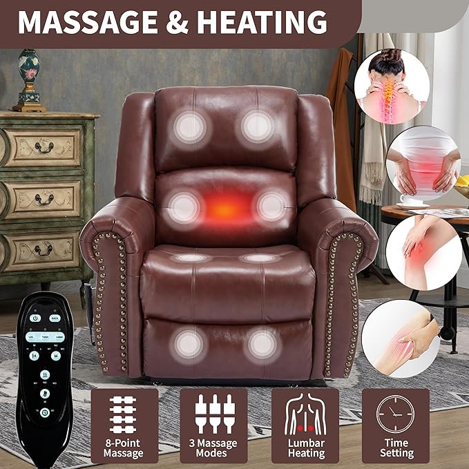Dual Motor Power Lift Chair, Lay Flat Recliner Chair, Electric Recliner with Massage and Heat for Elderly, Remote Control, Infinite Position, Standing Assistance, USB Ports (Red, Genuine Leather)
