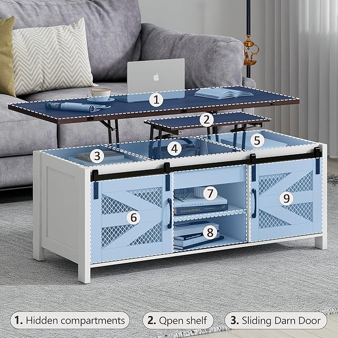 47.2" Lift Top Coffee Table, 4 in 1 Farmhouse Coffee Table with Storage and Sliding Barn Doors, Coffee Tables for Living Room & Dining Room (Milky White)