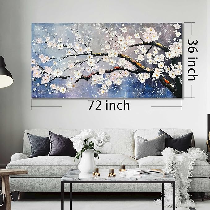White Flowers Hand Painted Wall Art For Bedroom Blue Modern Wall Decor For Office Extra Large Wall Art For Living Room Size 36 x 72 Inch