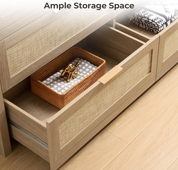 SICOTAS 7 Drawer Dresser for Bedroom, 57" Wide Rattan Dressers, Large Chest of Drawers for Bedroom, Dresser TV Stand, Boho Closet Organizer (Reclaimed Light Oak, 7 Drawers (1 pc))