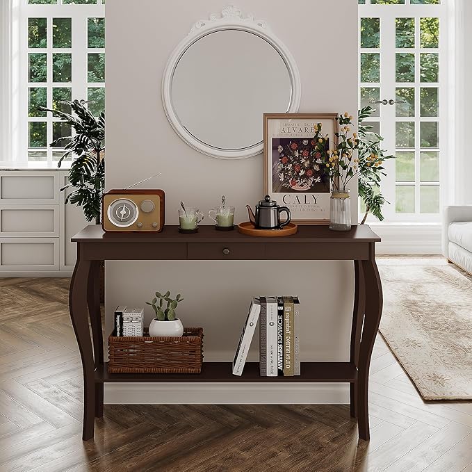 ChooChoo 47 Inch Narrow Console Table with Drawer, Chic Accent Sofa Entryway Table with Shelves for Entryway, Living Room, Hallway, Espresso
