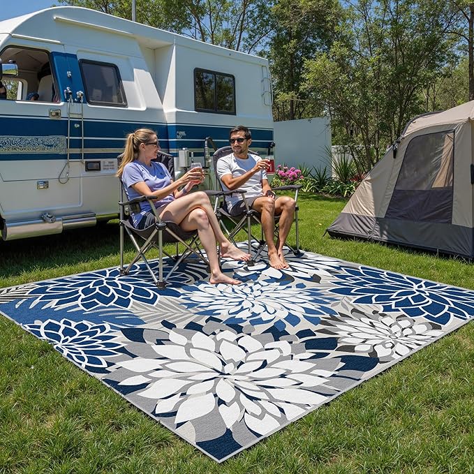 Indoor Outdoor Area Rug Washable Multicolored Patio Rug Tropical Botanical Modern Floral Indoor Outdoor Carpet Blue White Rug Non Slip for Patio, Deck, Backyard, Porch (6x9)