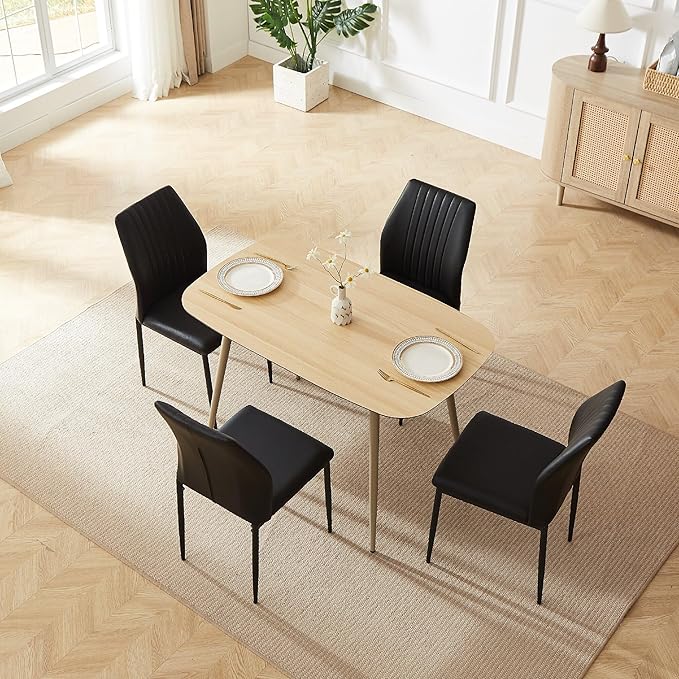 47.2'' Modern Solid Wood Dining Table Set for 4 with Scratch-Resistant Surface & 4 Black Leather Chairs - Cat-Friendly Kitchen Dining Room Furniture Set