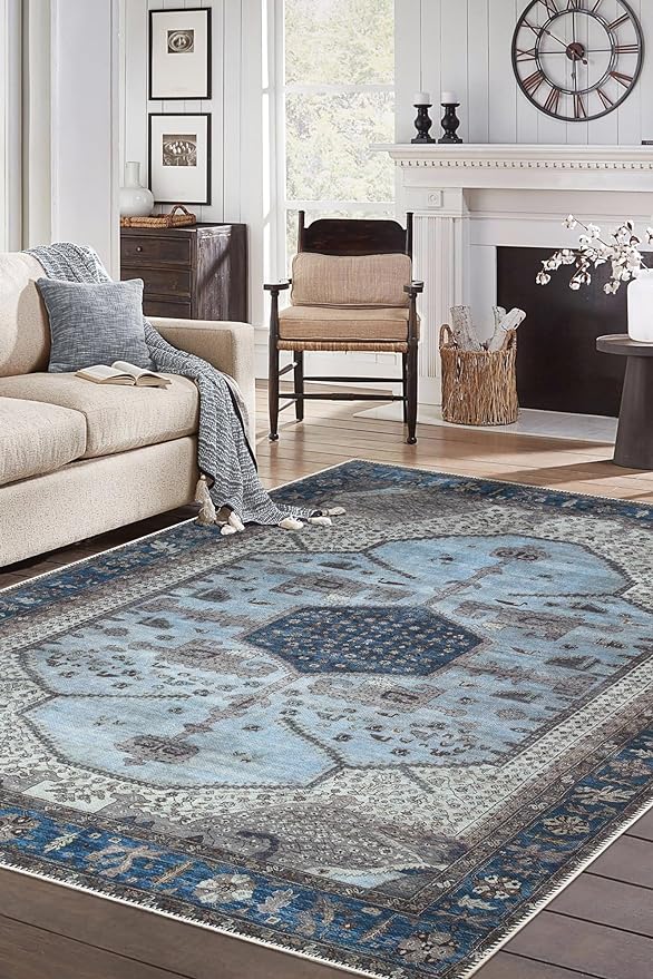 Keen Home Design 5x7 Rug - Machine Washable Area Rug with Non-Slip Backing, Ideal for Living Room, Dining Room, Bedroom - Vintage, Easy Clean, Durable, Low Pile Rug - (5' x 7')