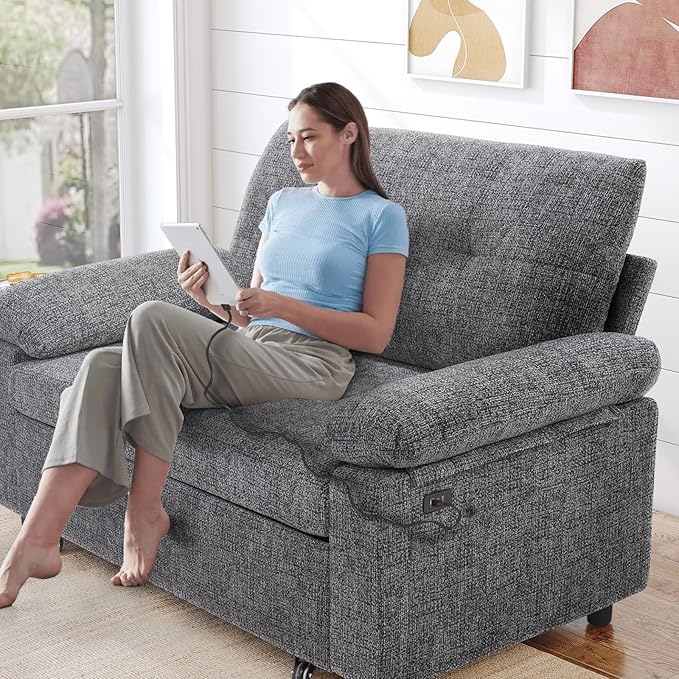 Vipbear 3-in-1 Chenile Convertible Sofa Bed, Pull Out Sleeper Sofa with USB Charging Station/Reclining Backrest/Side Pocket, Loveseat for Living Room, Apartment, Tool-Free Assembly, Dark Grey