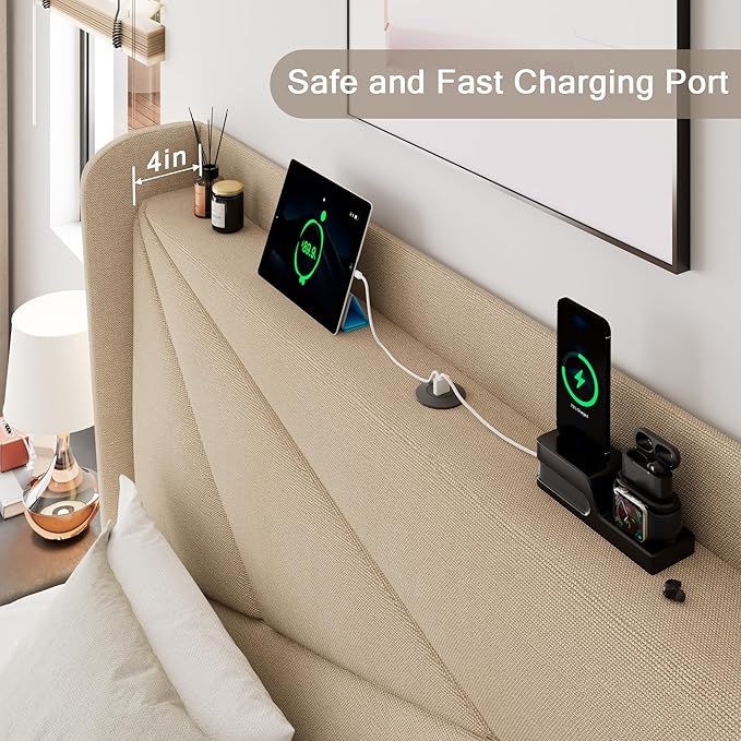 King Size Upholstered Bed Frame with Charging Station, Modern Minimalist Headboard, Solid Wood Slats Support, No Box Spring Needed, Noise Free, Beige