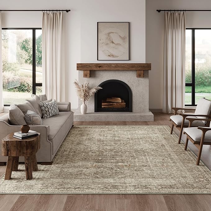 FMFUNCTEX 5x7 Washable Area Rug Neutral Vintage Taupe Non Slip Low Pile Traditional Indoor Carpet for Living Room Bedroom Soft Retro Floral Mat Throw Rug for Dining Office Kitchen Dorm Entryway