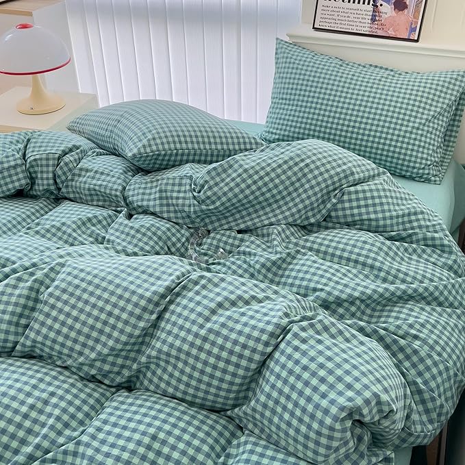 mixinni Dark Green Gingham Comforter Set Full, Plaid Comforter Set 3 Pieces 1 Teal Grid Comfoter with 2 Pillow Cases for All Seasons, Soft Fluffy Modern Grid Pattern Printed Bedding-Full Size