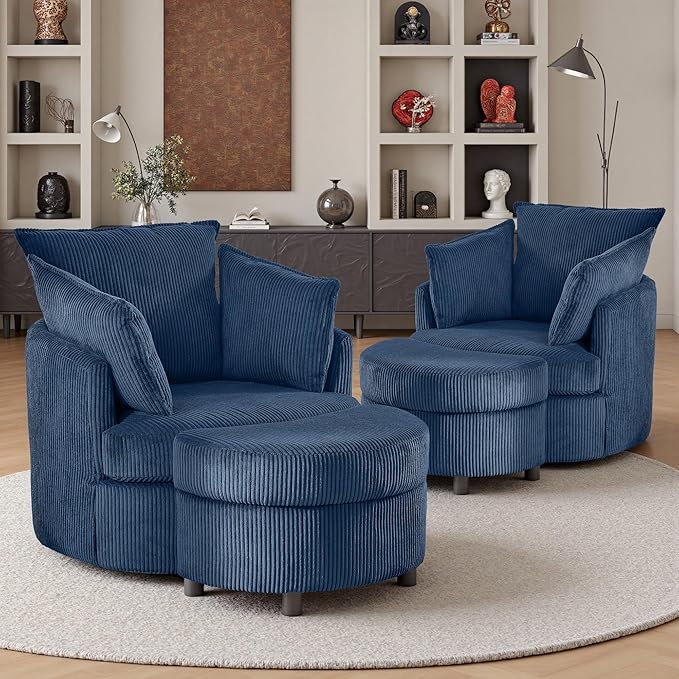 Swivel Accent Chair with Ottoman Comfy Reading Chairs for Bedroom Modern Corduroy Arm Chair 360°Swivel Barrel Chairs for Living Room,Apartment (Blue, 2)