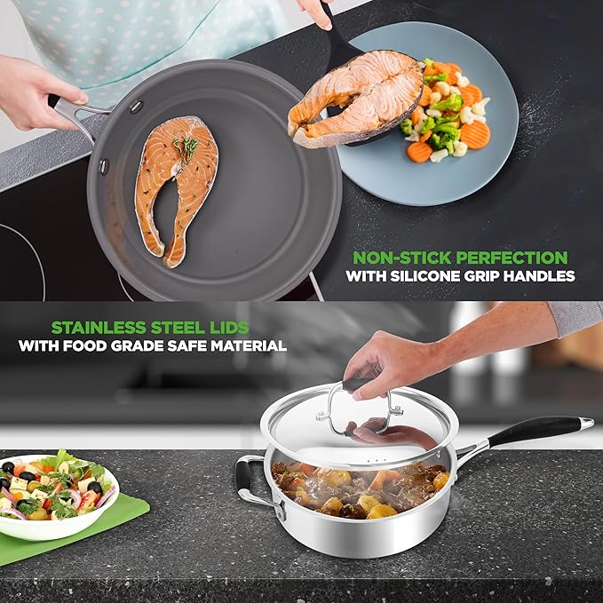 NutriChef 12-Piece Stainless Steel Kitchenware - Pots & Pans Set Clad Kitchen Cookware w/ Silicone Grip Handles, Fry Pan Interior Coated w/ Prestige Ceramic Non-Stick Coating, Stylish Kitchen Cookware