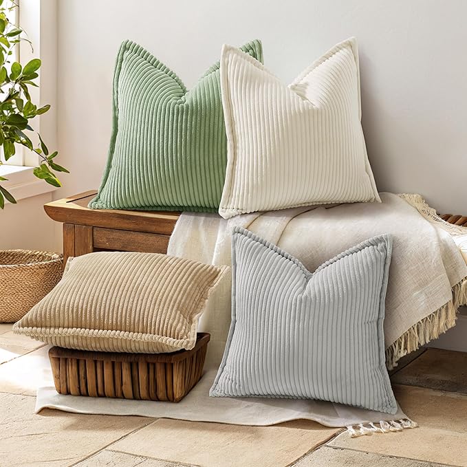 decorUhome Corduroy Grey Throw Pillow Covers 20x20 Set of 2 Decorative Soft Boho Striped Neutral Euro Farmhouse Couch Pillow Covers with Broadside for Living Room Bed Sofa