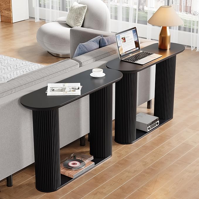 Fluted Console Table, Farmhouse Entryway Table with Storage and Fluted Wood Legs, Narrow Sofa Table Small Long Entry Table for Entrance, Hallway, Living Room (Black)