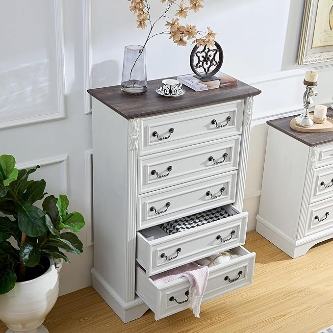 Modern 5 Drawer Dresser, Dressers for Bedroom, Wood Rustic Tall Chest of Drawers with Carved Wood Pilasters, Farmhouse Dressers Organizer for Bedroom, Hallway, Antique White