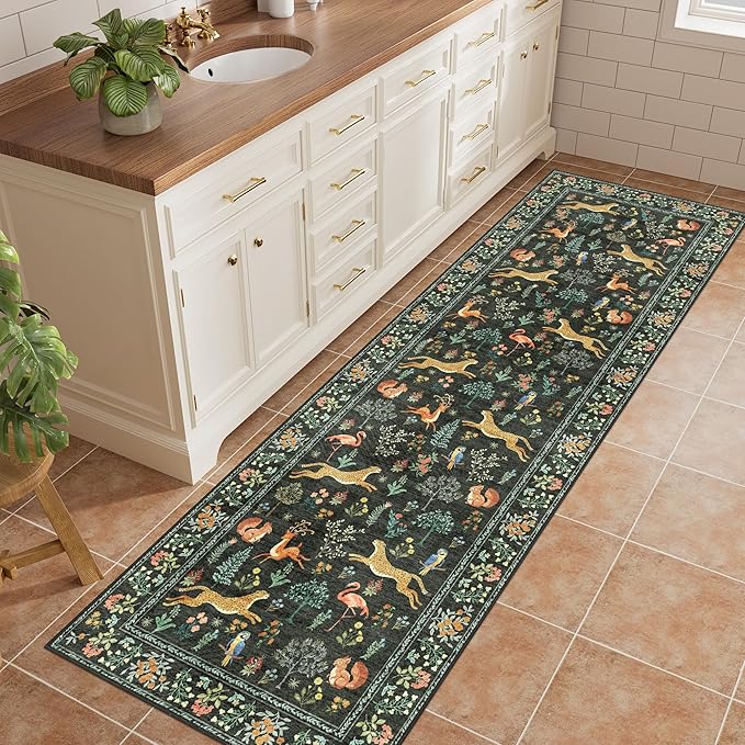 DUKINO 2.6x8 Rug for Hallway, Washable Kitchen Runner Rug with Non Slip Backing, Soft Low Pile Vintage Animal Runner for Bedroom, Kitchen, Hallway, Entryway, Laundry, Black