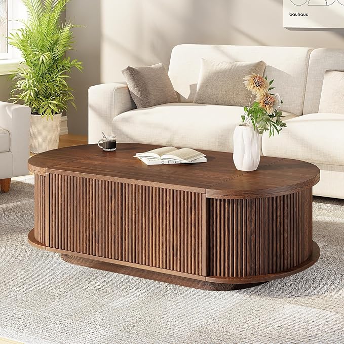HSH Oval Coffee Table with Storage, 47” Modern Coffee Table with Press Type Door, Fluted Living Room Tables with 2 Flip-Top Hidden Lids, Wood Center Table for Living Room, Office,Walnut