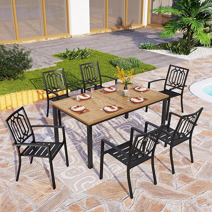 PHI VILLA Outdoor Table & Chairs Wrought Iron Patio Furniture 7 Piece, Large Dining with Umbrella Hole 6 Backyard Garden Support 300LBS for Deck, Lawn, Garden, Black Style 3, Brown-64'' x 38'' 29''