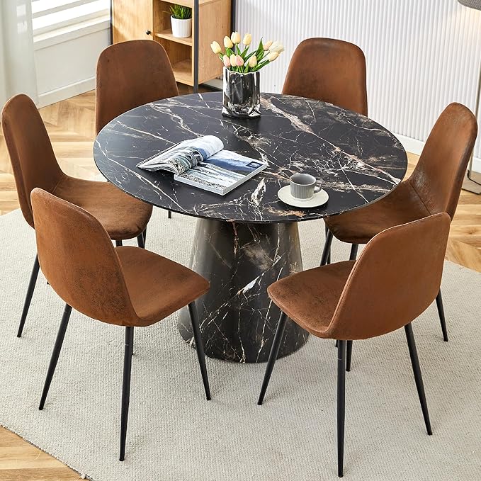 45 Inch Round Dining Table Set for 6, 7 Piece Kitchen Table and Chairs Set, White Faux Marble Table Top, Small Space Dining Set for Apartment or Dining Room