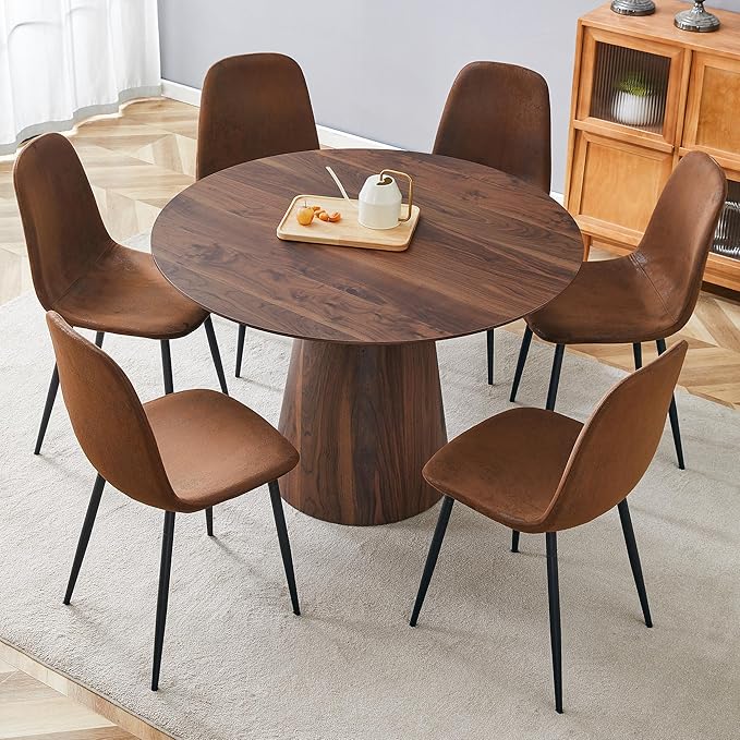 45 Inch Round Dining Table Set for 6, 7 Piece Kitchen Table and Chairs Set, Wooden Table with Walnut Finish, Small Space Dining Set for Apartment or Dining Room