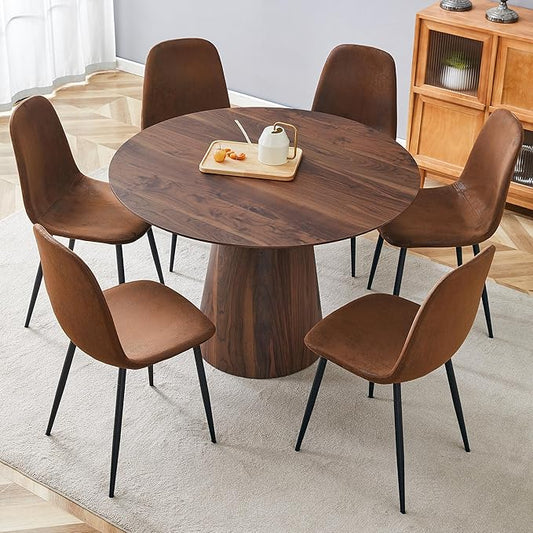 45 Inch Round Dining Table Set for 6, 7 Piece Kitchen Table and Chairs Set, Wooden Table with Walnut Finish, Small Space Dining Set for Apartment or Dining Room