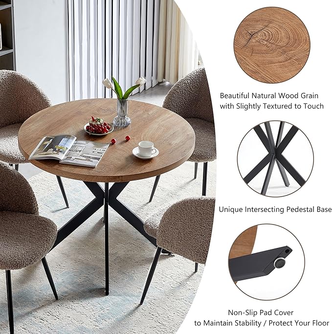 Dining Table Set for 2 with Chairs, 37" Engineered Wood Round Table Wipe Clean with 2 Fluffy Sherpa Arm Chairs, Modern Dinette Set with Metal Legs for Breakfast, Dining Room, Coffee Shop