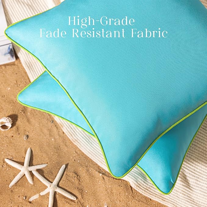 Phantoscope Pack of 2 Outdoor Waterproof Throw Pillow Covers with Contrast Piping, Decorative Square Cushion Case Patio Pillows for Couch Tent Sunbrella, Sky Blue 20x20 inches