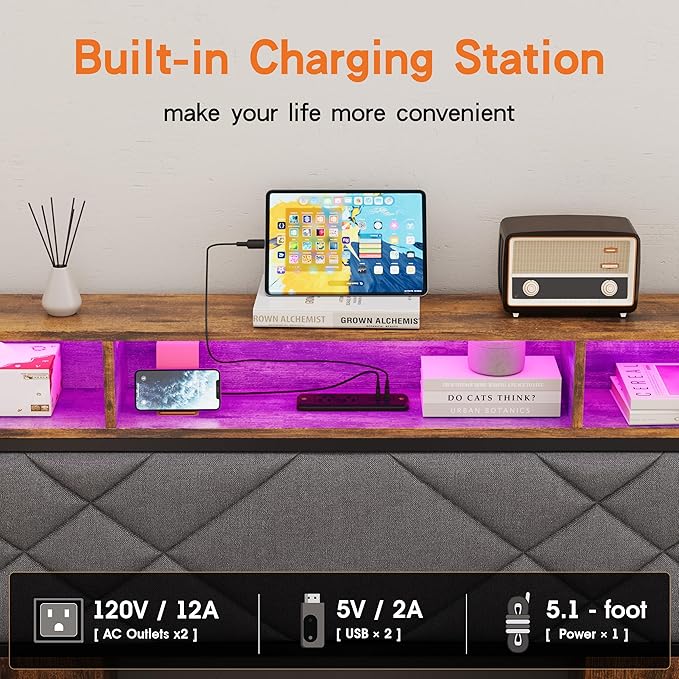 Full Size Headboard, Bed Headboard with Wood Bookcase, Charging Station, LED Light, Adjustable Height, Headboards Queen with Storage, Linen, Rustic Brown and Black