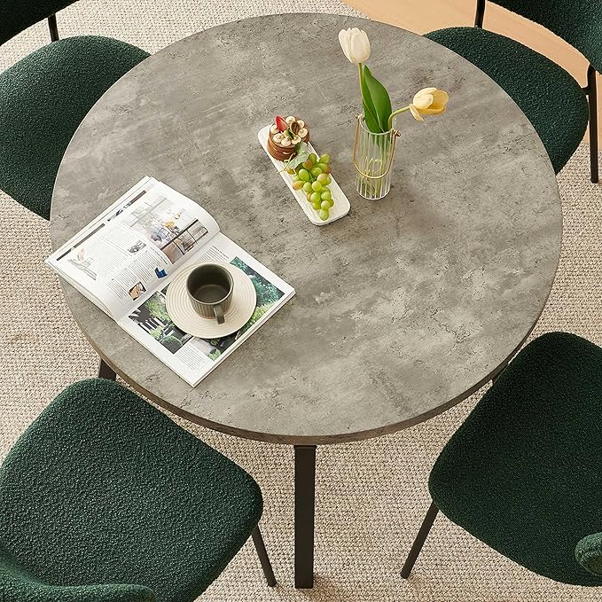 3-Pieces Kitchen Dining Table Set for 2, Grey Round Table MDF with 4 Metal Hooks for Hanging, Modern Dining Room Table Set with 2 Seated Green Boucle Dining Chairs for Small Spaces