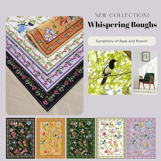 Runner Rug for Kitchen 2'6"x8' Washable Rugs with Rubber Backing Soft Floral Bird Magpies Floral Animal Carpet Runner for Kitchen, Laundry, Bedroom, Bathroom (Purple)