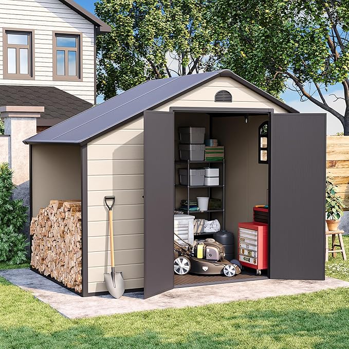 8.5 ft. W x 6.3 ft. D Resin Outdoor Patio Storage Shed with Firewood Rack, Floor and Lockable Door