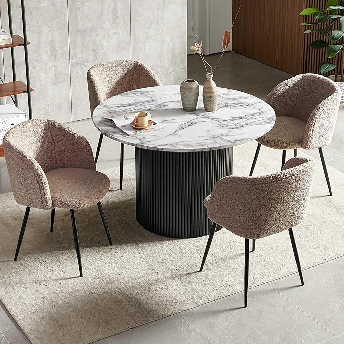 47" Round Kitchen Dining Table Set for 4, Two-Part White Marble Tabletop with Wood Strips, Industrial Home Kitchen Table Set with Brown Sherpa Barrel Dining Accent Side Chairs Comfy
