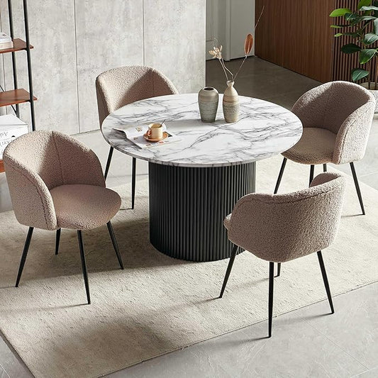47" Round Kitchen Dining Table Set for 4, Two-Part White Marble Tabletop with Wood Strips, Industrial Home Kitchen Table Set with Brown Sherpa Barrel Dining Accent Side Chairs Comfy