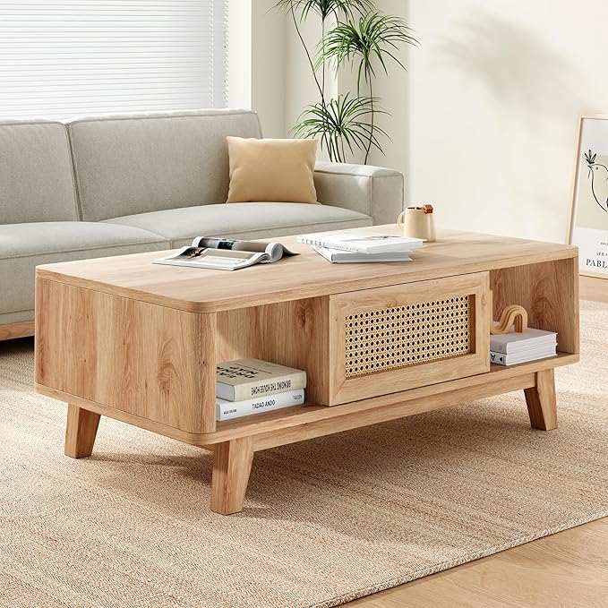 Soohow Coffee Table, Mid Century Living Room Tables with Storage, Modern Square with Rattan Drawer, Wooden Living Room Table with Solid Wood Leg