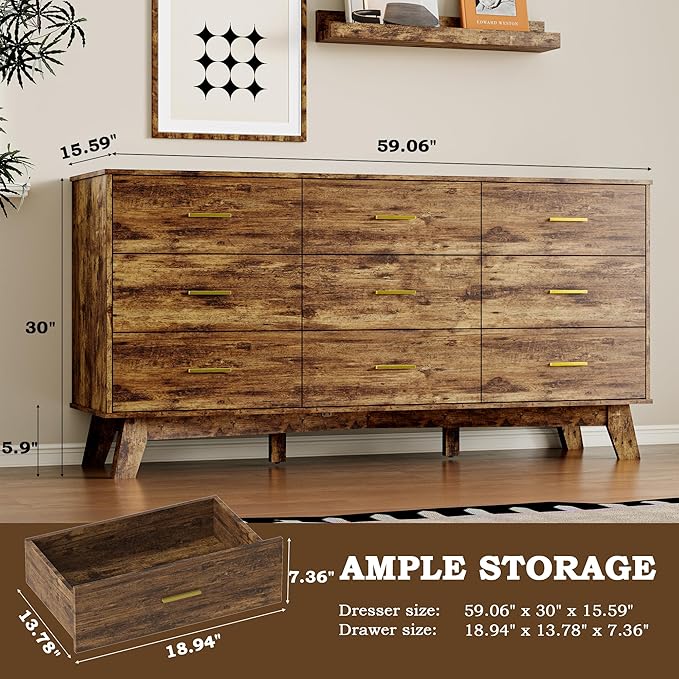 Dresser for Bedroom with 9-Drawer, 59" Wide Modern Chest of Drawers with Metal Handles, X-Shape Base & Adjustable Center Leg, Anti-Tip Closet Organizers and Storage