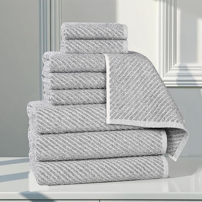 Superior Amelia Viscose Cotton Blend Medium Weight Towels, for Bathroom, Shower, Spa, Plush, Quick Dry, Ultra-Soft Towels, Bath Essentials, Ribbed Design, 9 Piece Assorted Towel Set, Charcoal