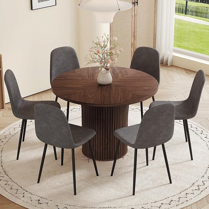 AZmac Round Dining Table Set for 6, Wooden Round Table 7-Piece with Modern Farmhouse Dining Table and 6 Fabric Chairs for Kitchen Dining Room, Walnut Table + 6 Gray Chairs